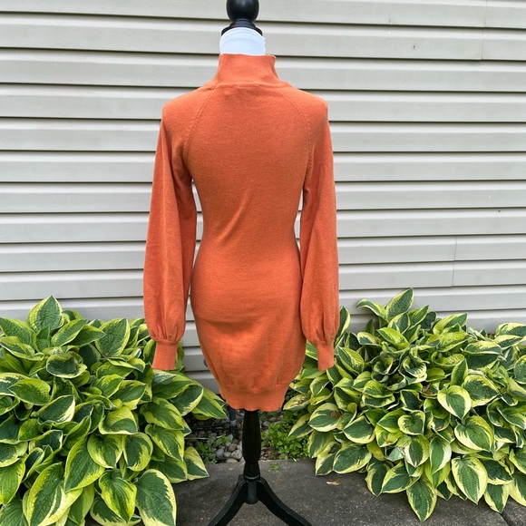 NWT Orange Mock Neck Long Lantern Sleeve Bodycon Pullover Mini Sweater Dress - Picture 10 of 11